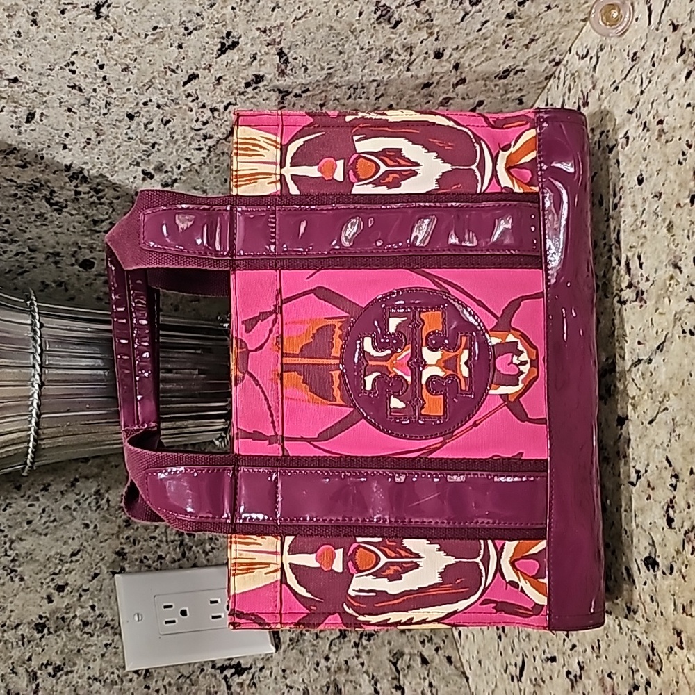 Tory Burch print Tote purple and pink  14x10x5 inches